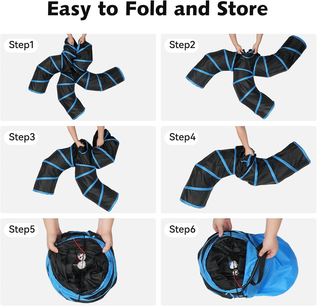 S-shape indoor cat tunnel layout illustrating the anti-cornering pathways for multiple feline households.
