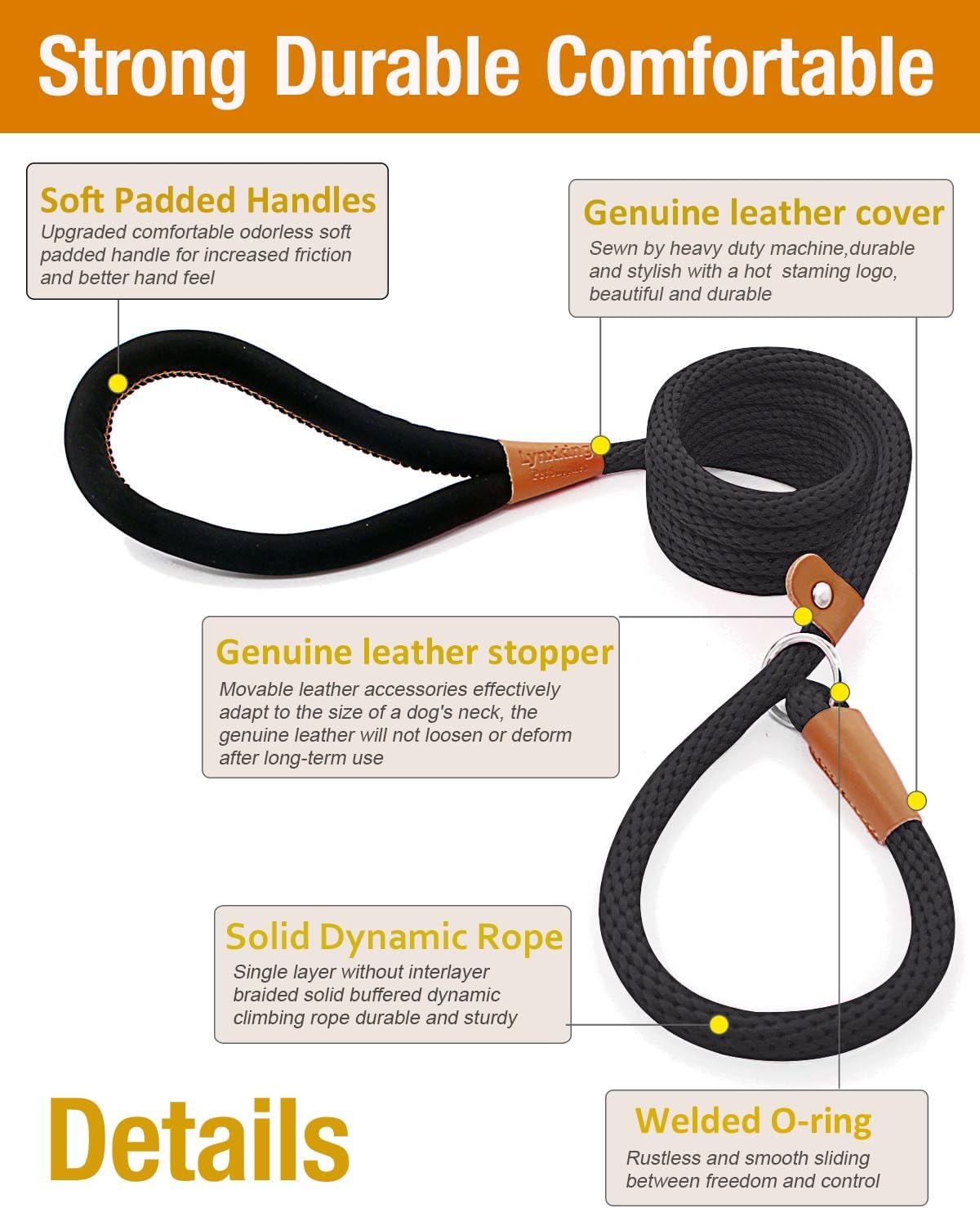 Lynxking heavy duty braided nylon dog leash close up on leather stopper