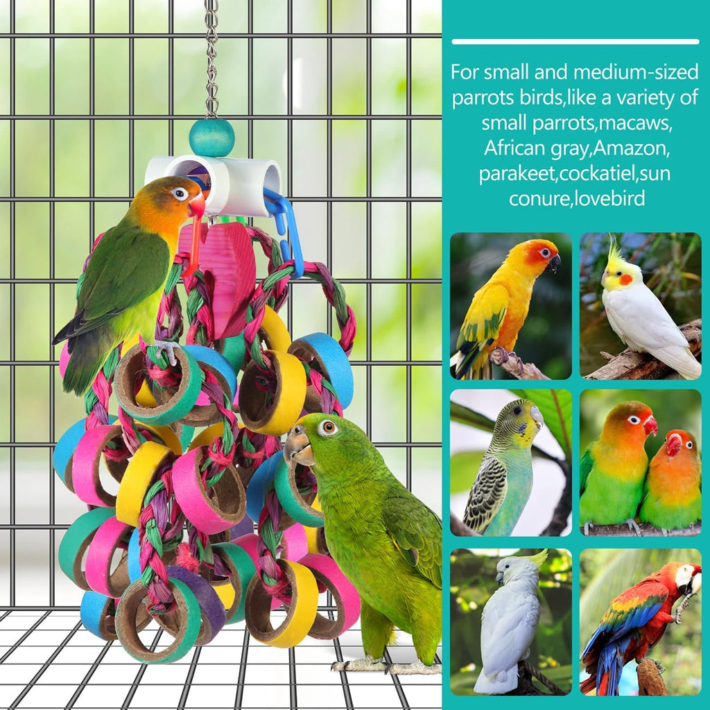 Small parakeet playing with a LovyoCoCo foraging shredder toy in a cage.