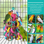 Small parakeet playing with a LovyoCoCo foraging shredder toy in a cage.