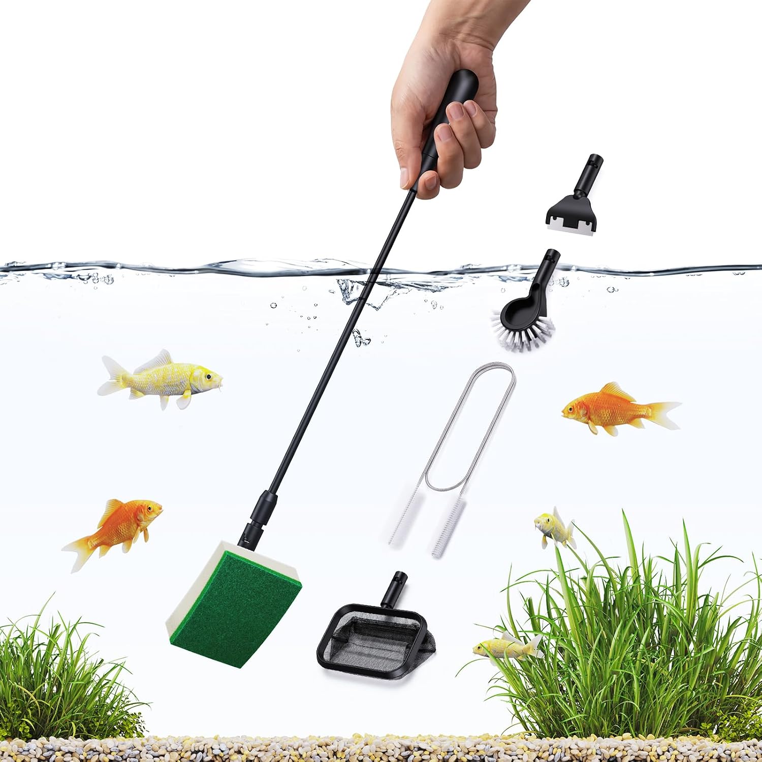 SEAOURA 5 in 1 aquarium algae scraper and cleaning kit front view showing interchangeable handle and five attachments.