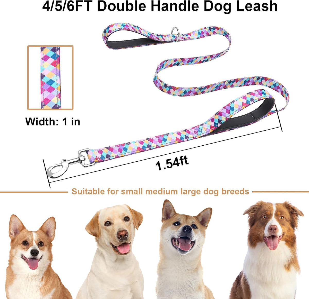 Durable dog leash with metal D-ring attachment for pet accessories.