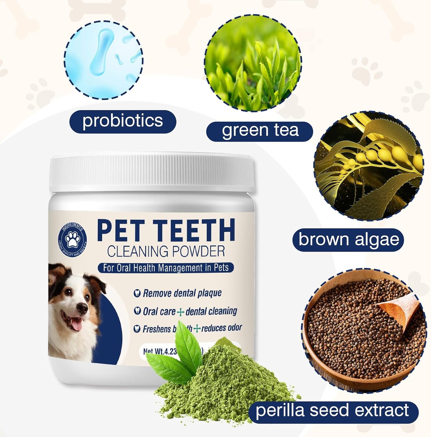 Unflavored canine dental care topper 120 grams container label details