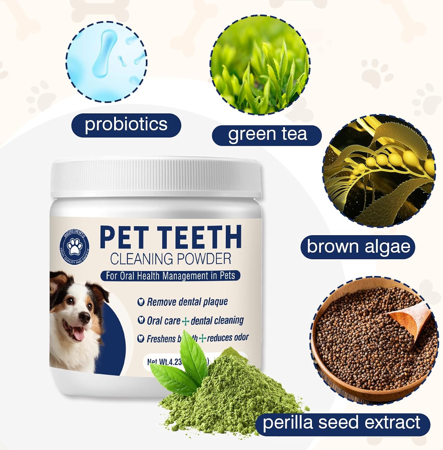 Unflavored canine dental care topper 120 grams container label details