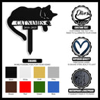 Black outdoor pet headstone stake with laser cut sleeping cat silhouette design.