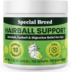 Special Breed Hairball Support jar next to a happy, healthy long-haired cat showing shiny coat benefits