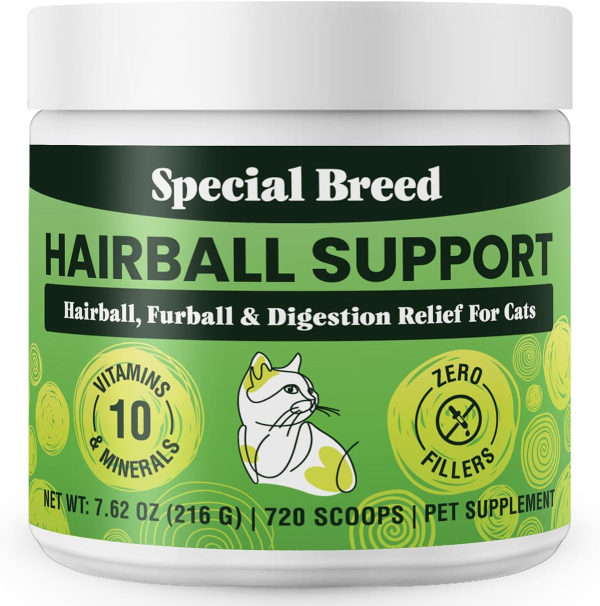 Special Breed Hairball Support jar next to a happy, healthy long-haired cat showing shiny coat benefits
