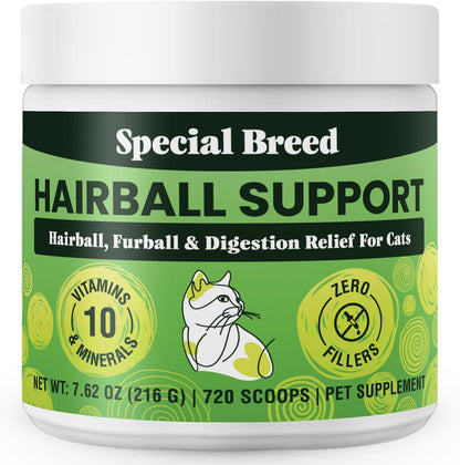 Special Breed Hairball Support jar next to a happy, healthy long-haired cat showing shiny coat benefits
