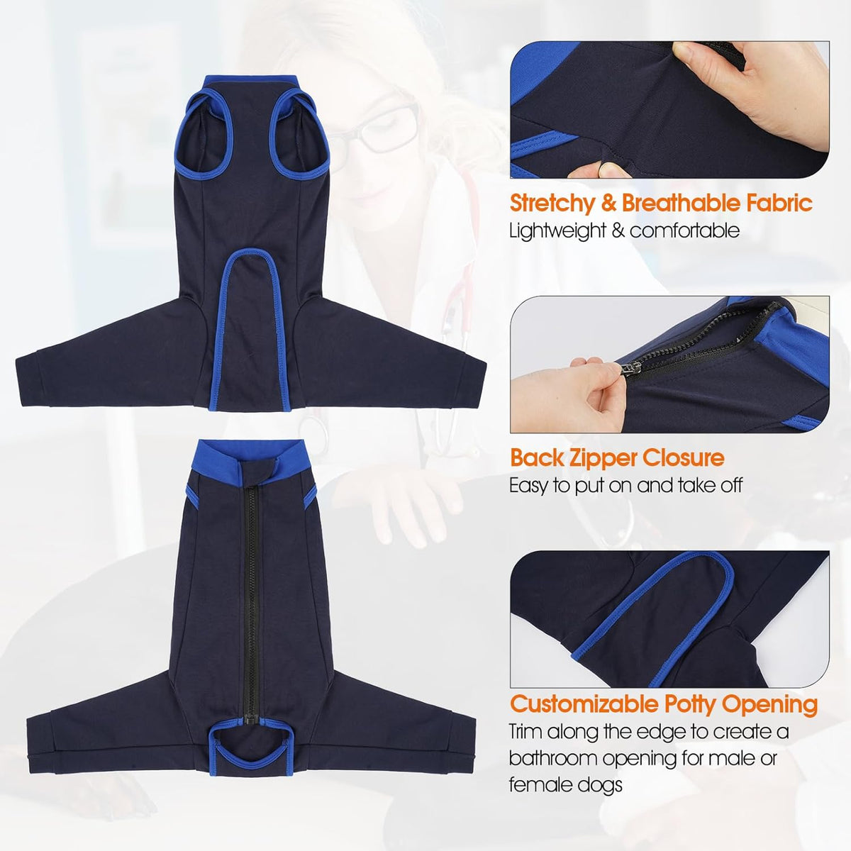 LeLePet surgical onesie for dogs showing back zipper