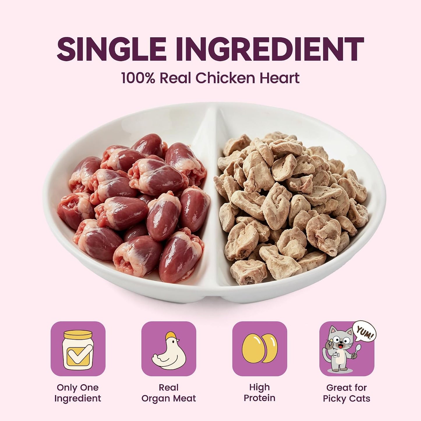Single ingredient high protein chicken heart dog treats inside the jar