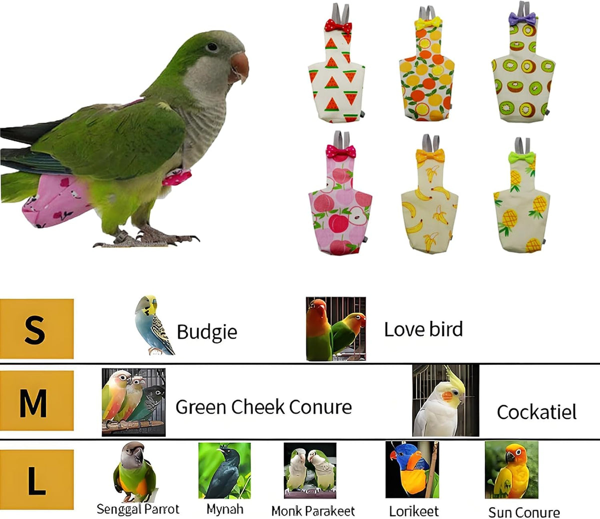 6PCS Washable Reusable Bird Diapers with Waterproof Lining & Adjustable Straps - Soft Parrot Diaper Clothes Costume Set for for Parakeets, for Budgies, for Mini Macaws (M) - Image 2