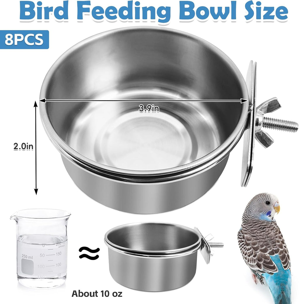 kathson 8 Pack Bird Feeding Dish Cups, Stainless Steel Parrot Feeders Water Cage Bowls with Clamp Holder Bird Feeders for Parakeet Cockatiels Conure Budgies Lovebird Finch and Small Animals - Image 3