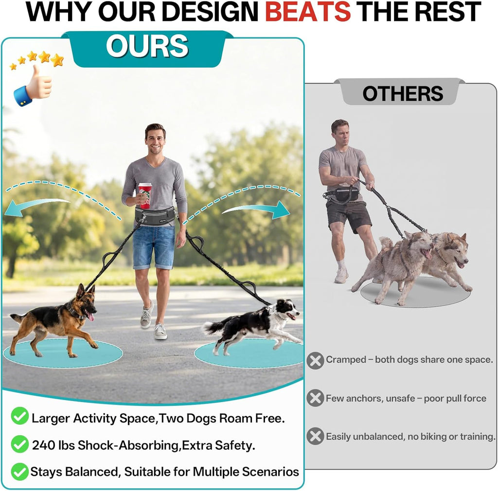 Qltytoy hands free running leash highlighting the high visibility reflective safety stitching under low light conditions.