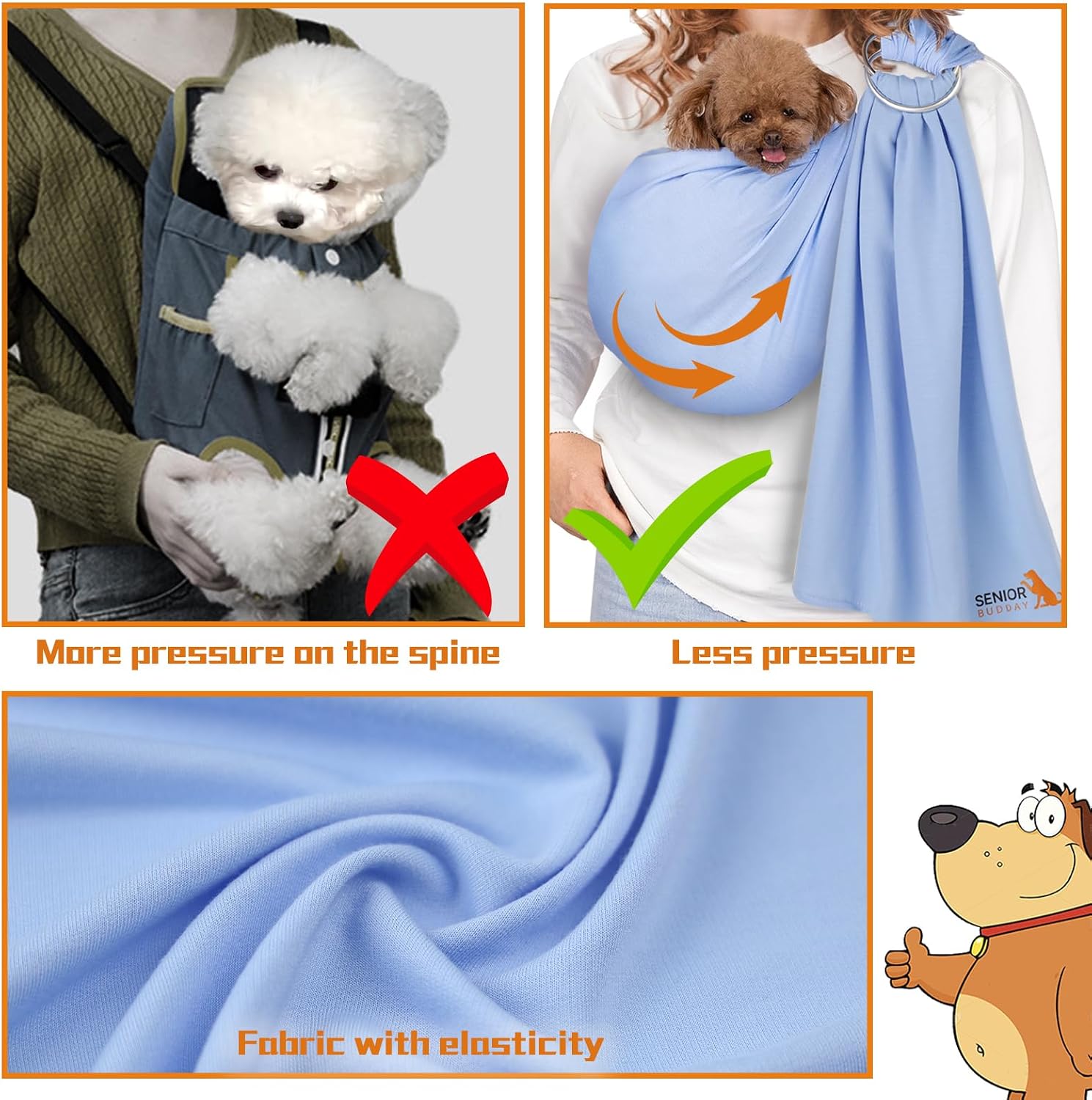 Owner demonstrating hands-free use of dog sling carrier
