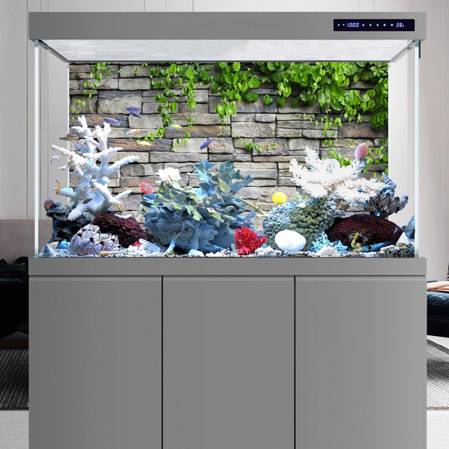 Water-resistant rock wall and spring leaves scenery background for premium aquascaping