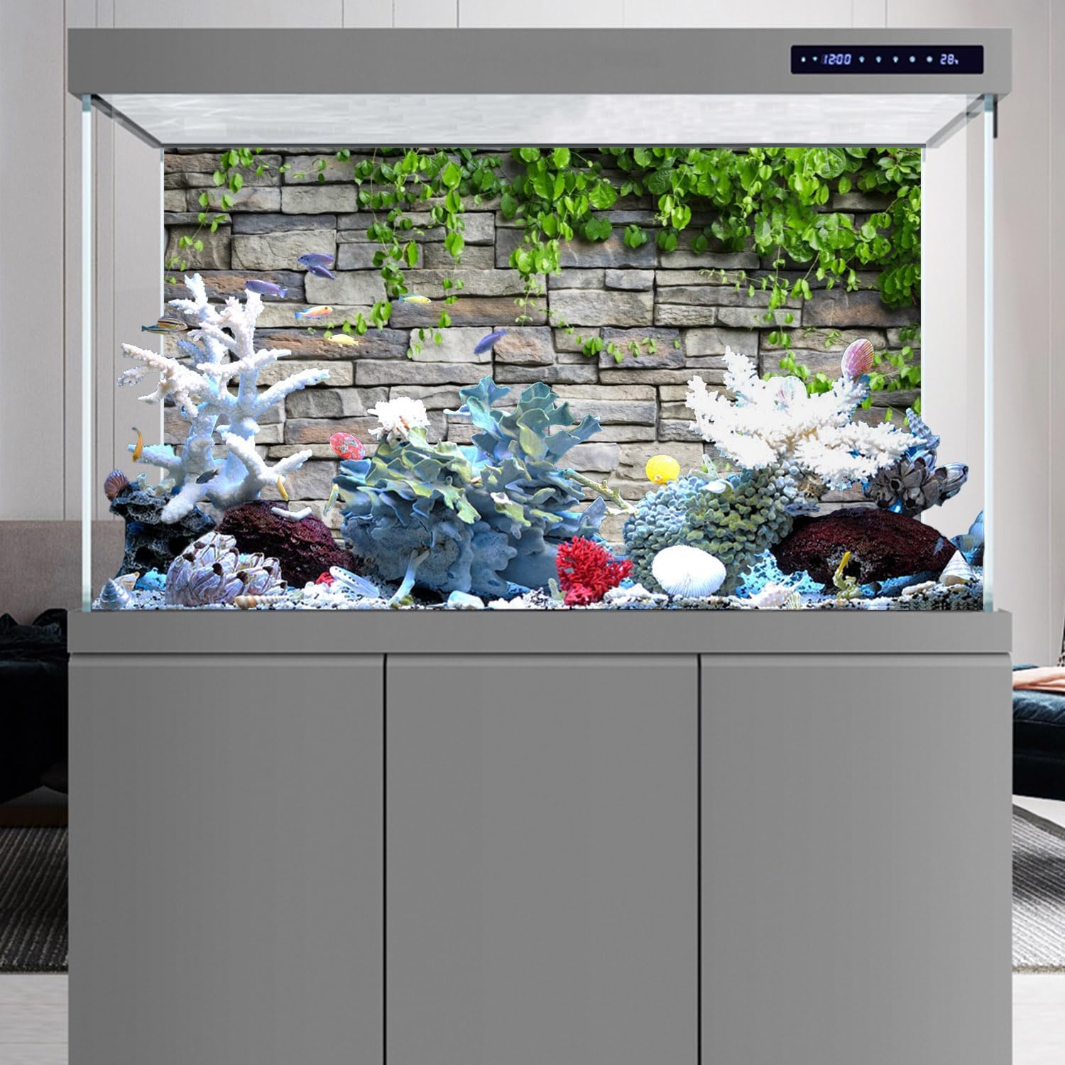 Water-resistant rock wall and spring leaves scenery background for premium aquascaping
