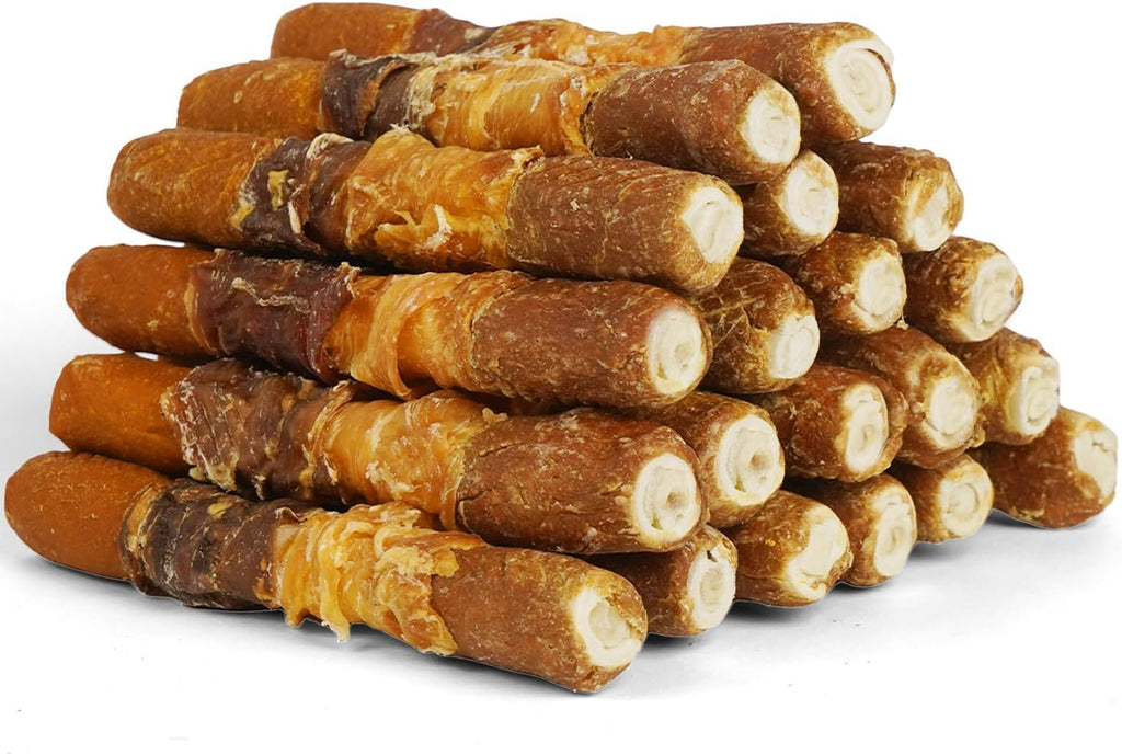 MON2SUN Dog Treats, 6 Inch Four Flavors Chicken Liver, Chicken, Duck & Pumpkin Wrapped Rawhide Rolls, Long-Lasting Chew Treats for Medium Dogs,17.6 oz (10 Count) - Image 10