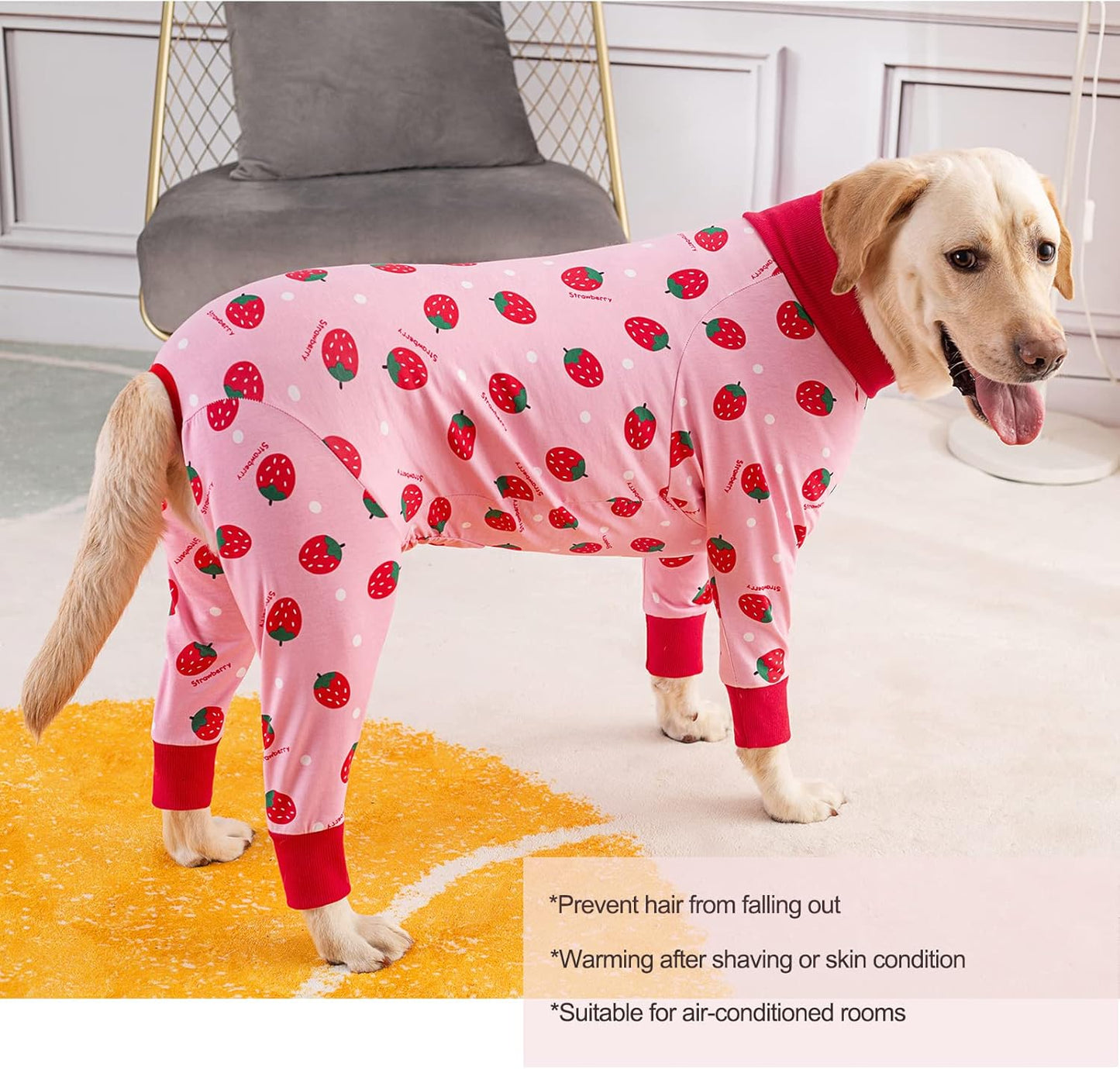 Yeapeeto strawberry pattern pet apparel showing adjustable rear flap for bathroom breaks.