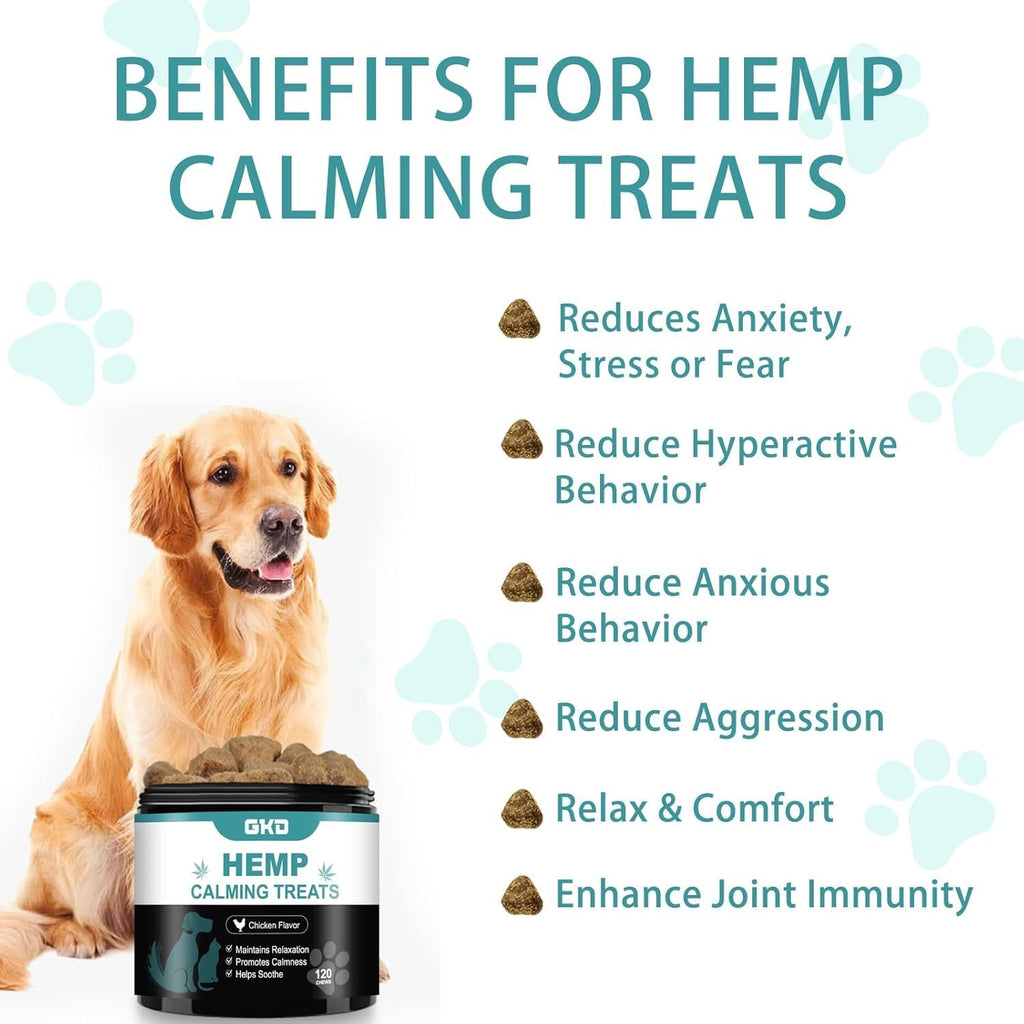 GKD hemp calming chews container showing feeding guidelines and instructions for canine anxiety care.