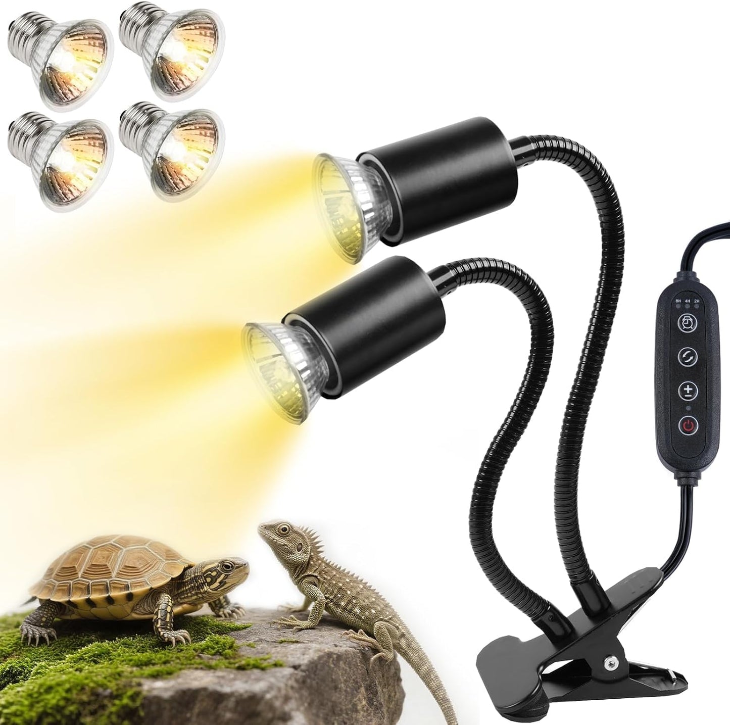 Repti Home reptile heat lamp packaging highlights including safety certifications and usage instructions.