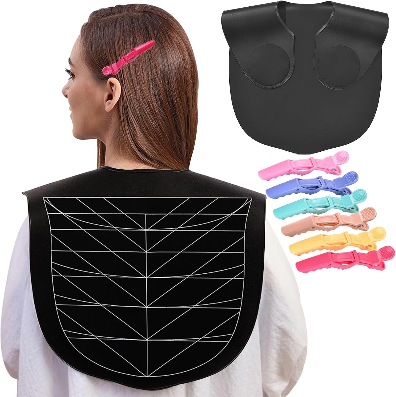 DBYANAN hair cutting guide cape front view showing white guidelines on black silicone.
