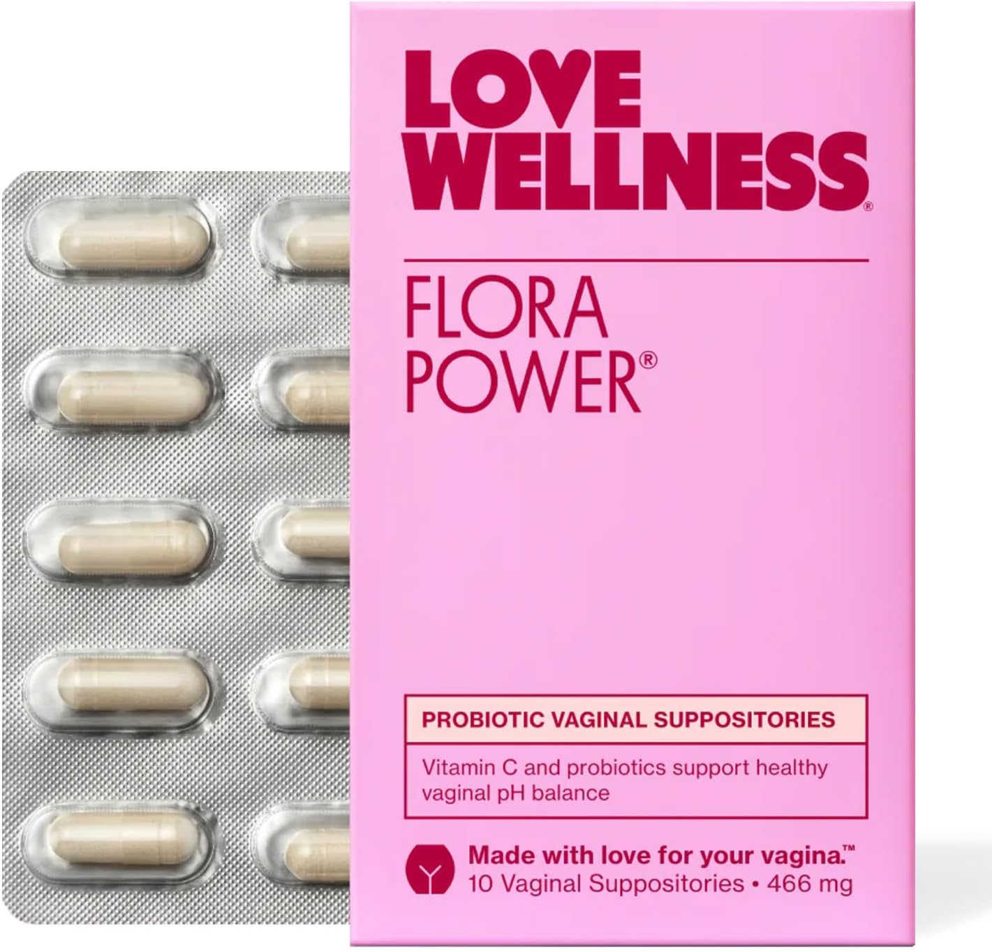 Love Wellness Flora Power front packaging 10 count box for vaginal health.