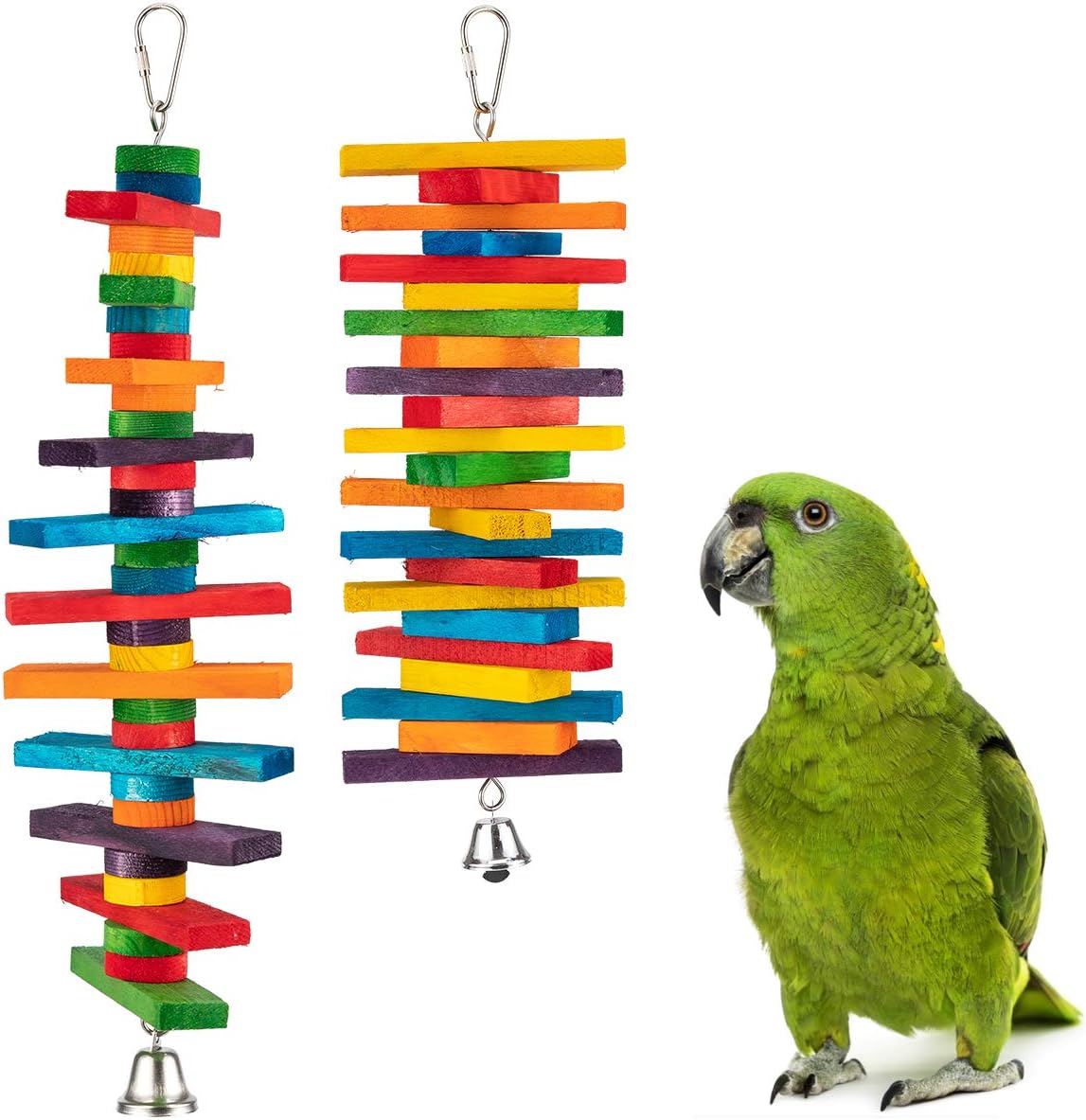 MEWTOGO 2pcs bird toys front view showing colorful wooden blocks