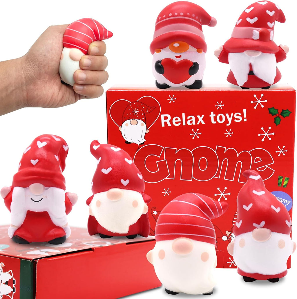 JOINBO holiday gnome squishies six pack front view showcasing various colorful festive character designs.