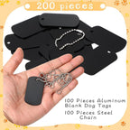 Anodized black aluminum pet ID tags from Yinkin arranged neatly for DIY craft project presentation.