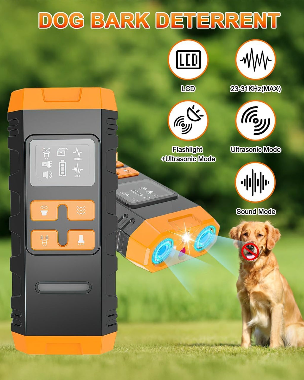 Qreffor ultrasonic dog bark deterrent showing LCD screen