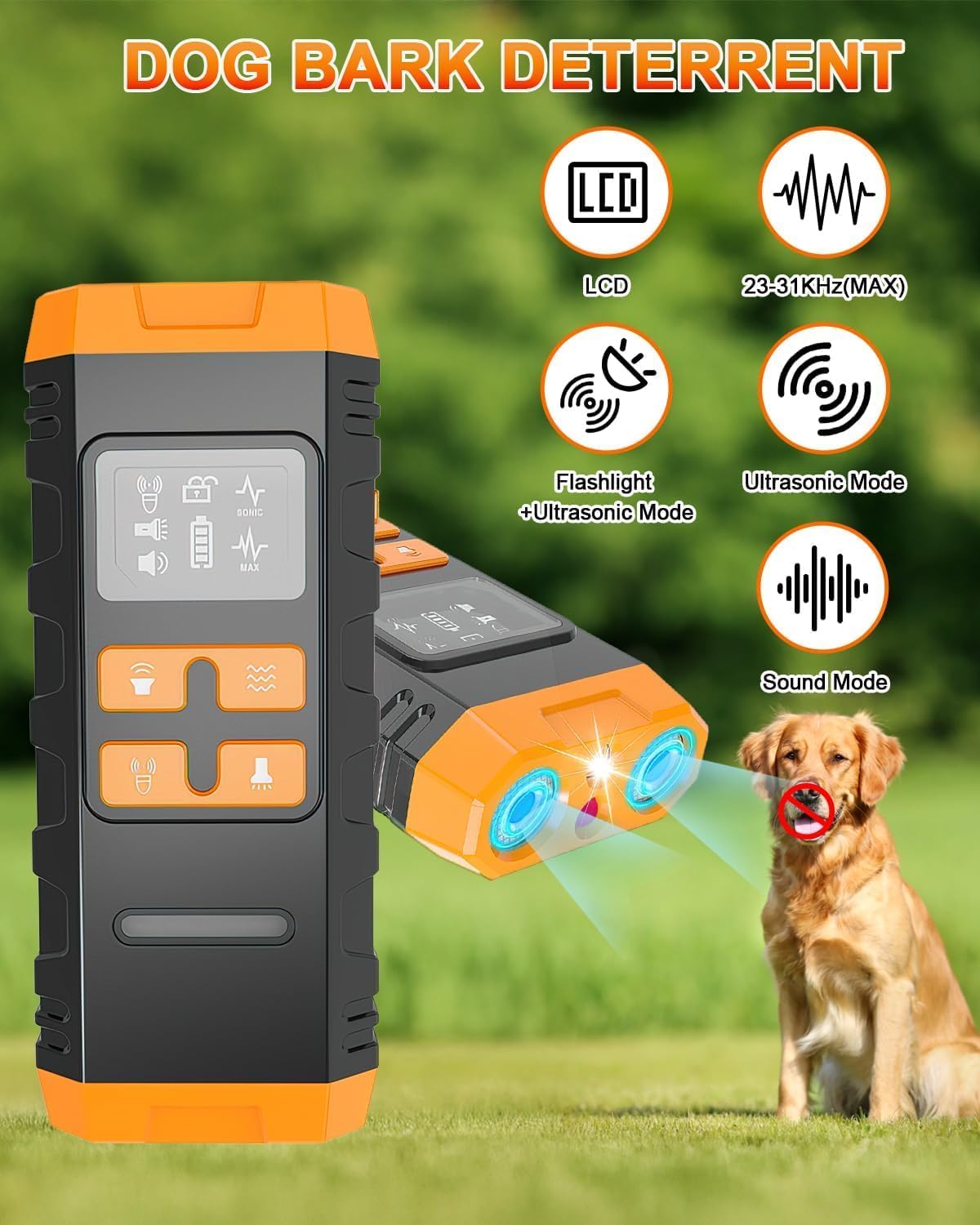 Qreffor ultrasonic dog bark deterrent showing LCD screen