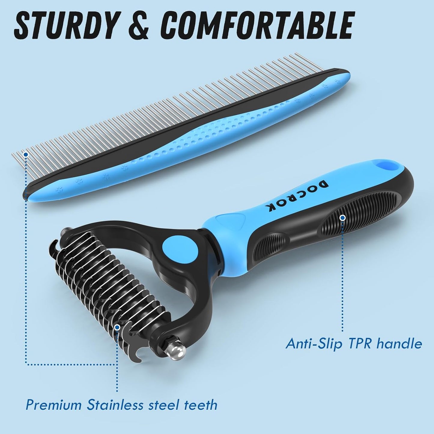 Premium packaging and complete contents of the Docrok two piece pet deshedding tool combo pack