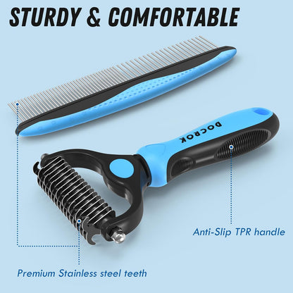 Premium packaging and complete contents of the Docrok two piece pet deshedding tool combo pack