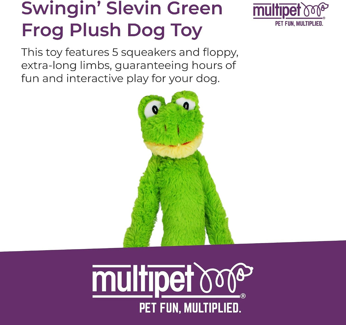 Multipet green frog dog toy showing long arms and legs