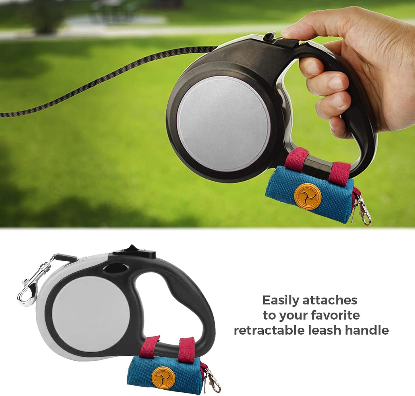 Portable dog pouch showing metal carabiner clip and velcro straps