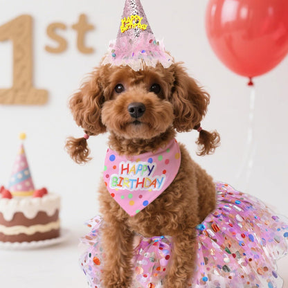 Polka dot dog birthday girl bandana laid flat on a white background