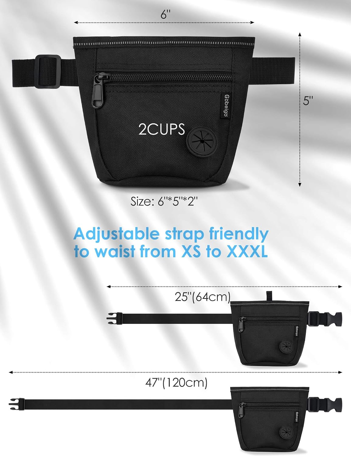 Black magnetic pet food bag shown alongside the included mechanical training clicker tool
