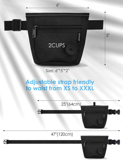 Black magnetic pet food bag shown alongside the included mechanical training clicker tool