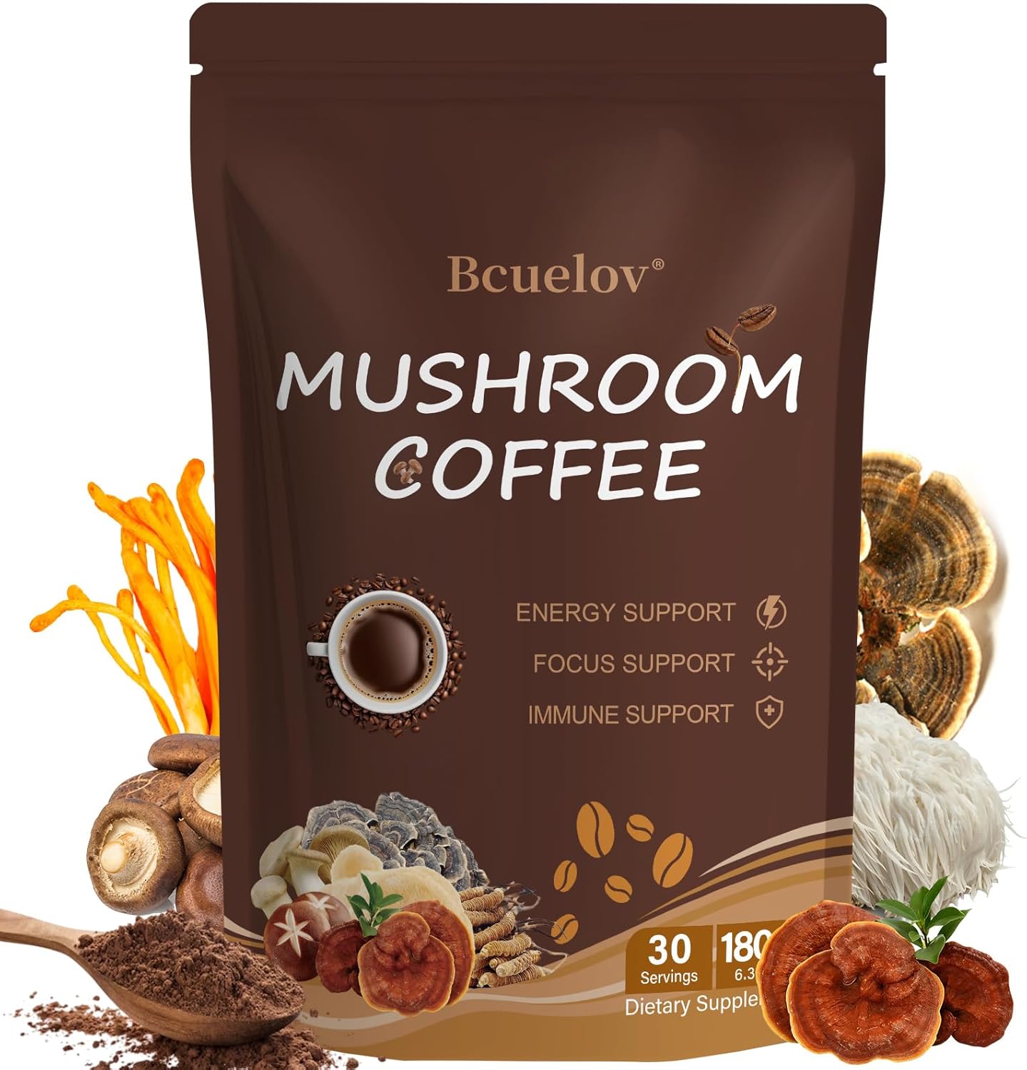 Bcuelov Instant Mushroom Coffee Powder front packaging displaying adaptogenic ingredients.