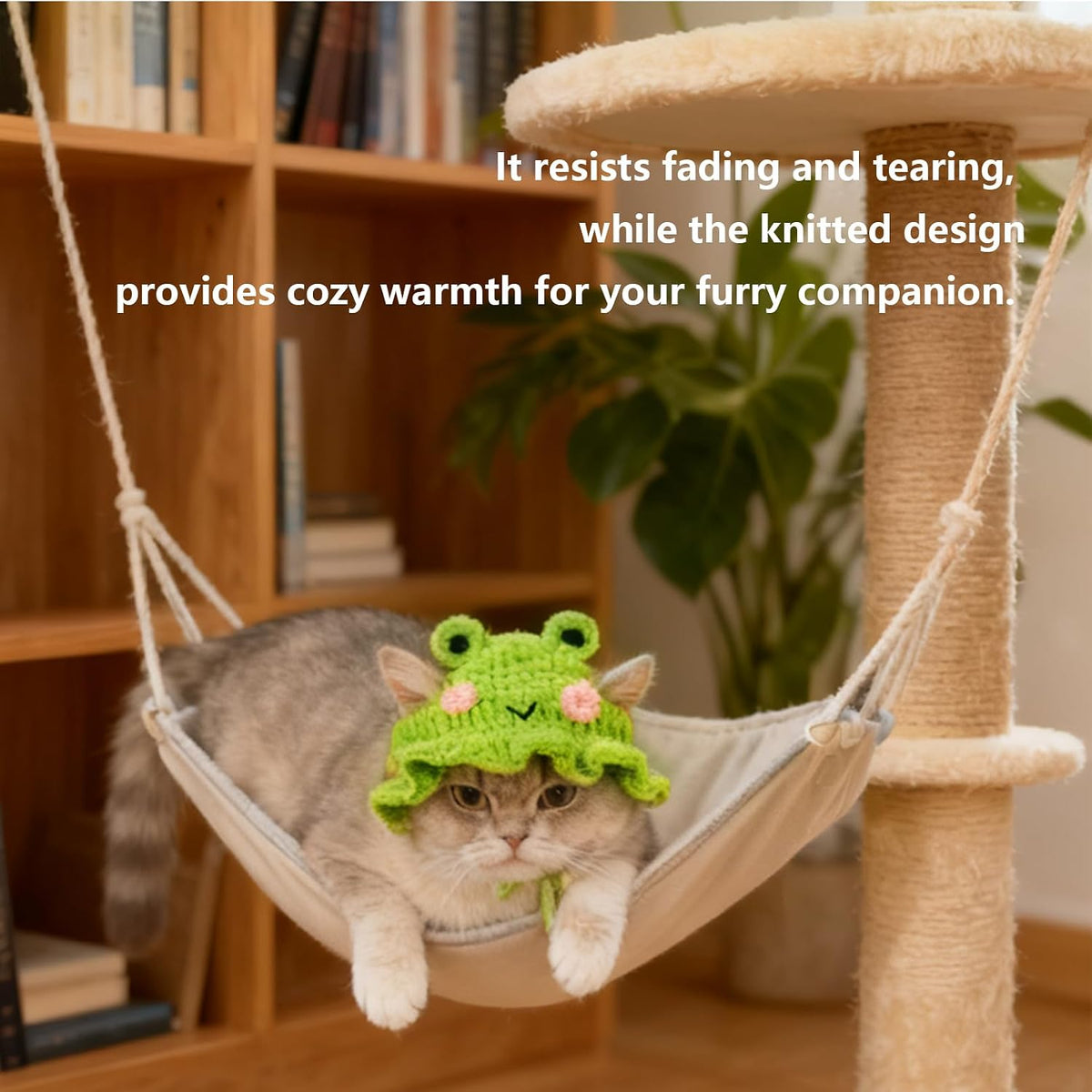 Side profile of pet frog hat showing knit texture