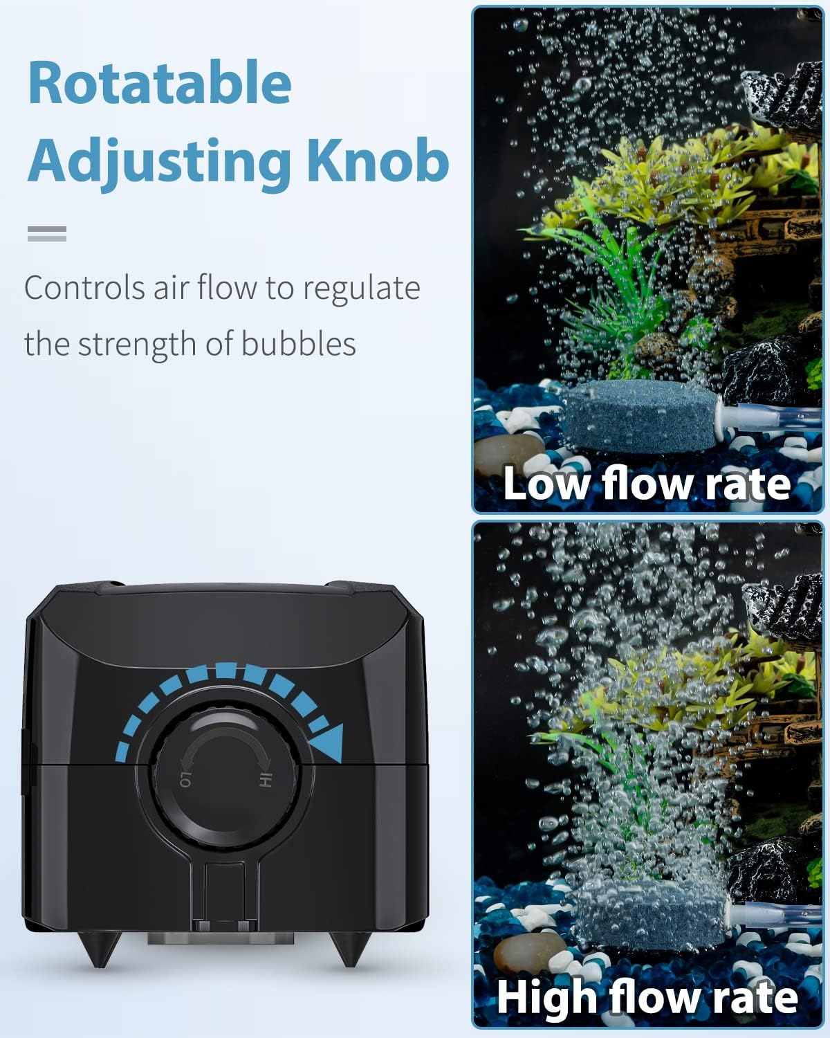 Uniclife dual outlet aquarium air pump front view showing adjustable rotary knob