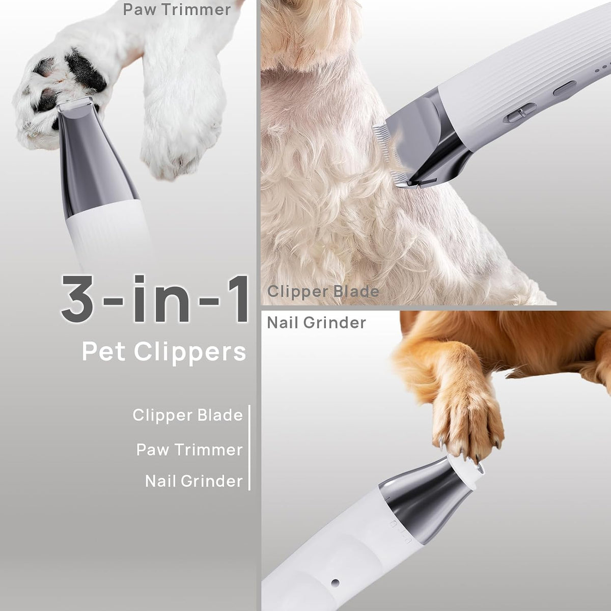 Four plastic pet guide combs arranged neatly from one point five millimeters to six millimeters