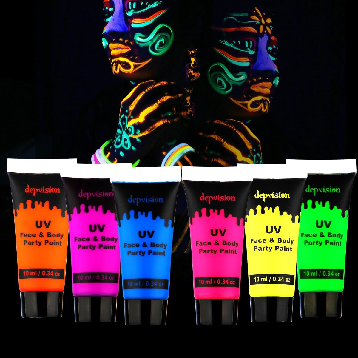 Torbers Depvision UV face and body paint set front packaging view featuring six neon tubes