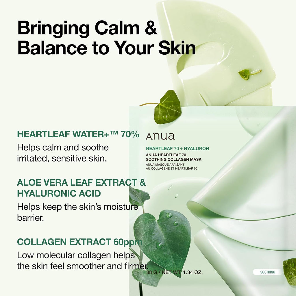 Anua Heartleaf 70 Soothing Collagen Mask, 1.34 fl.oz/4ea - Image 3