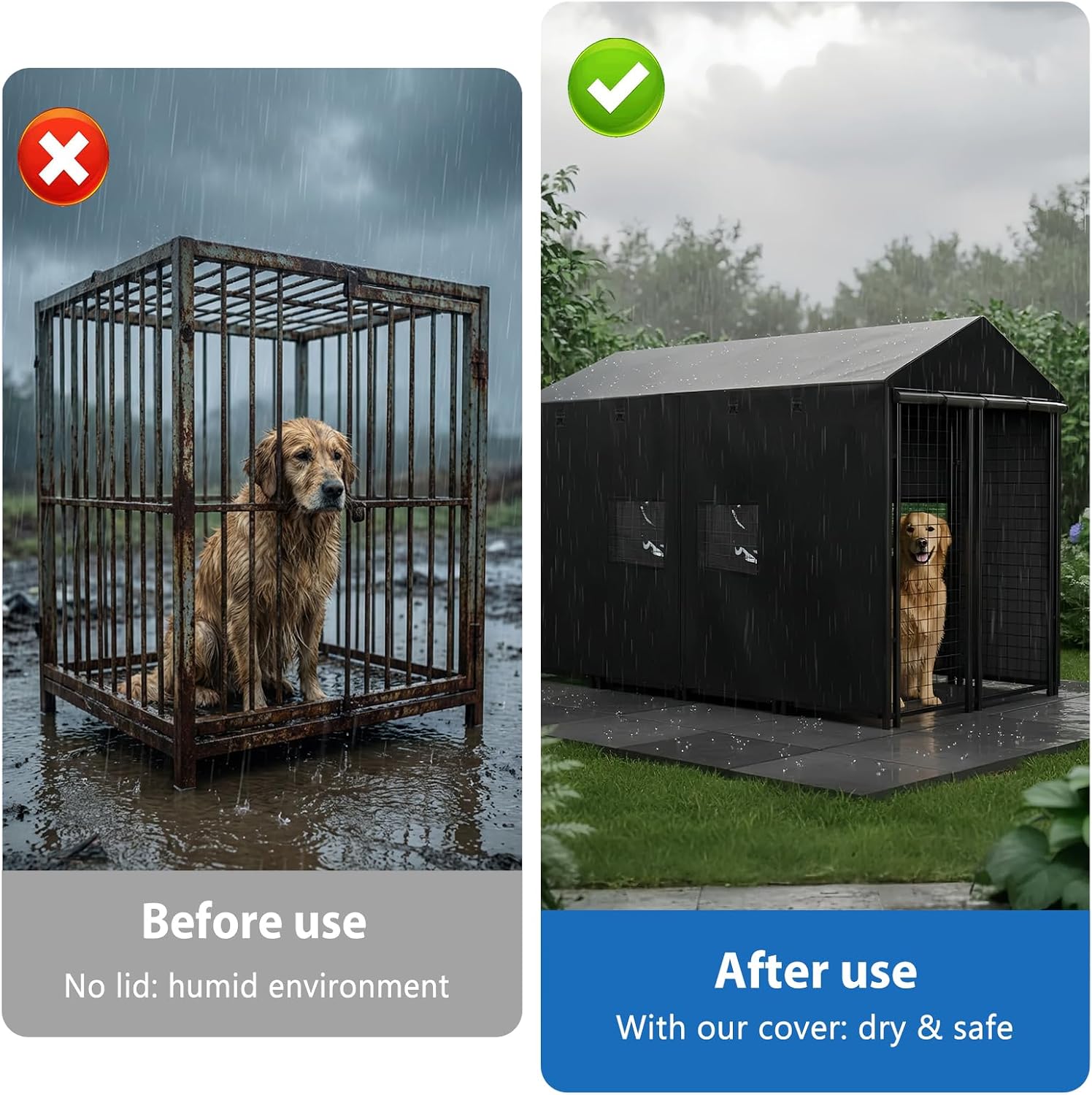 UV resistant dog kennel canopy protecting a pet enclosure from harsh sunlight.