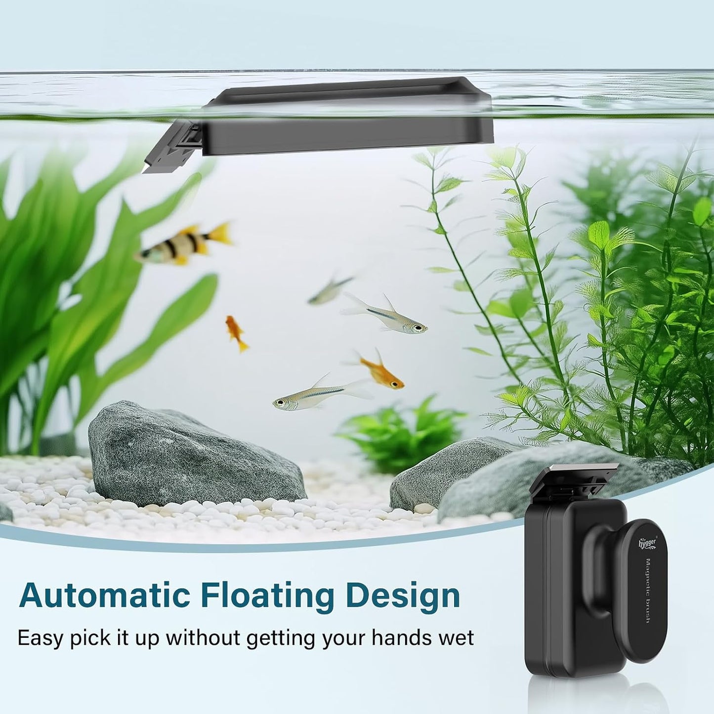 Hygger magnetic algae scraper floating on top of fish tank water illustrating the auto float feature.