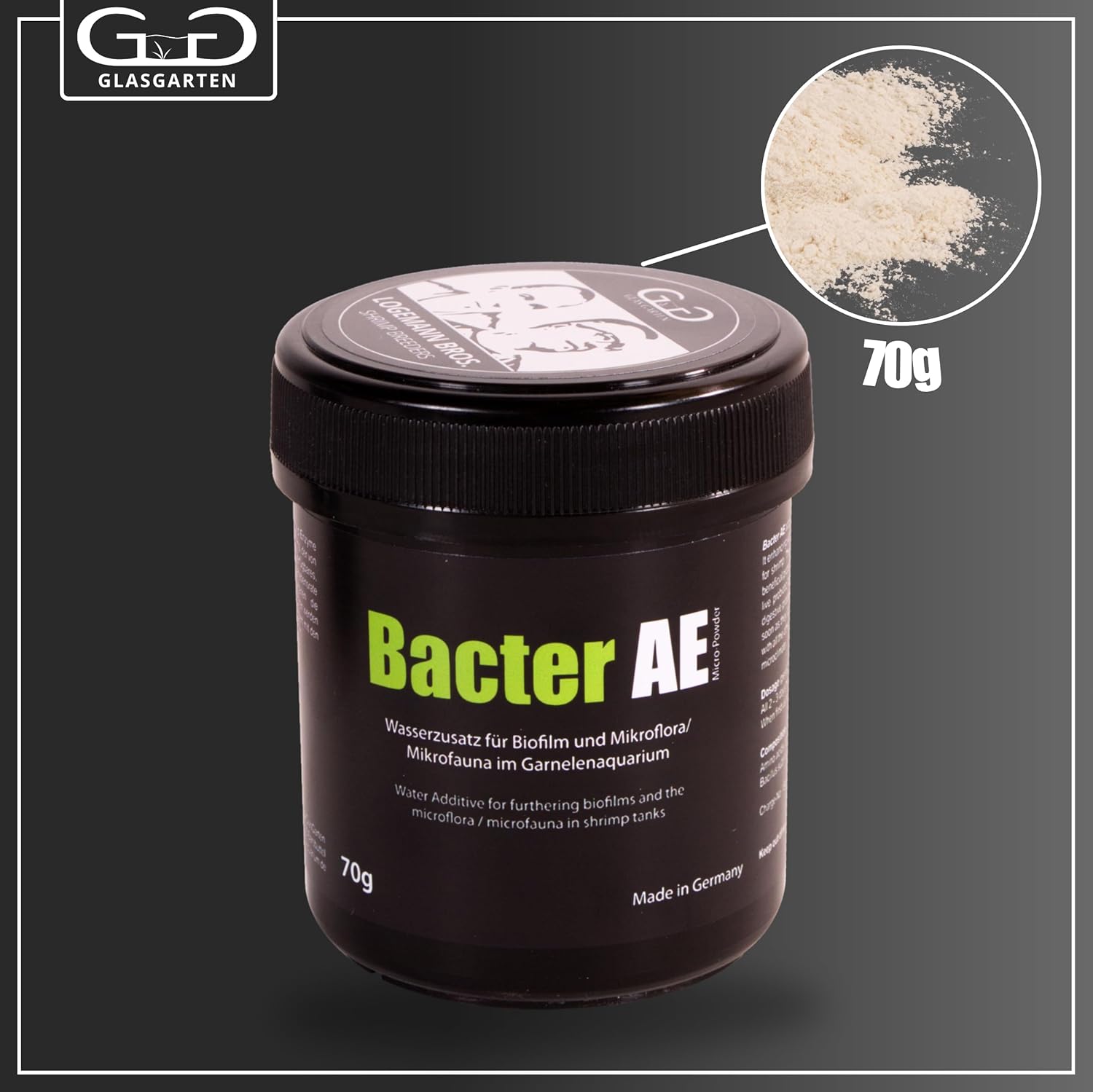 GlasGarten Bacter AE micro powder water supplement packaging detail showing dosage guidelines.
