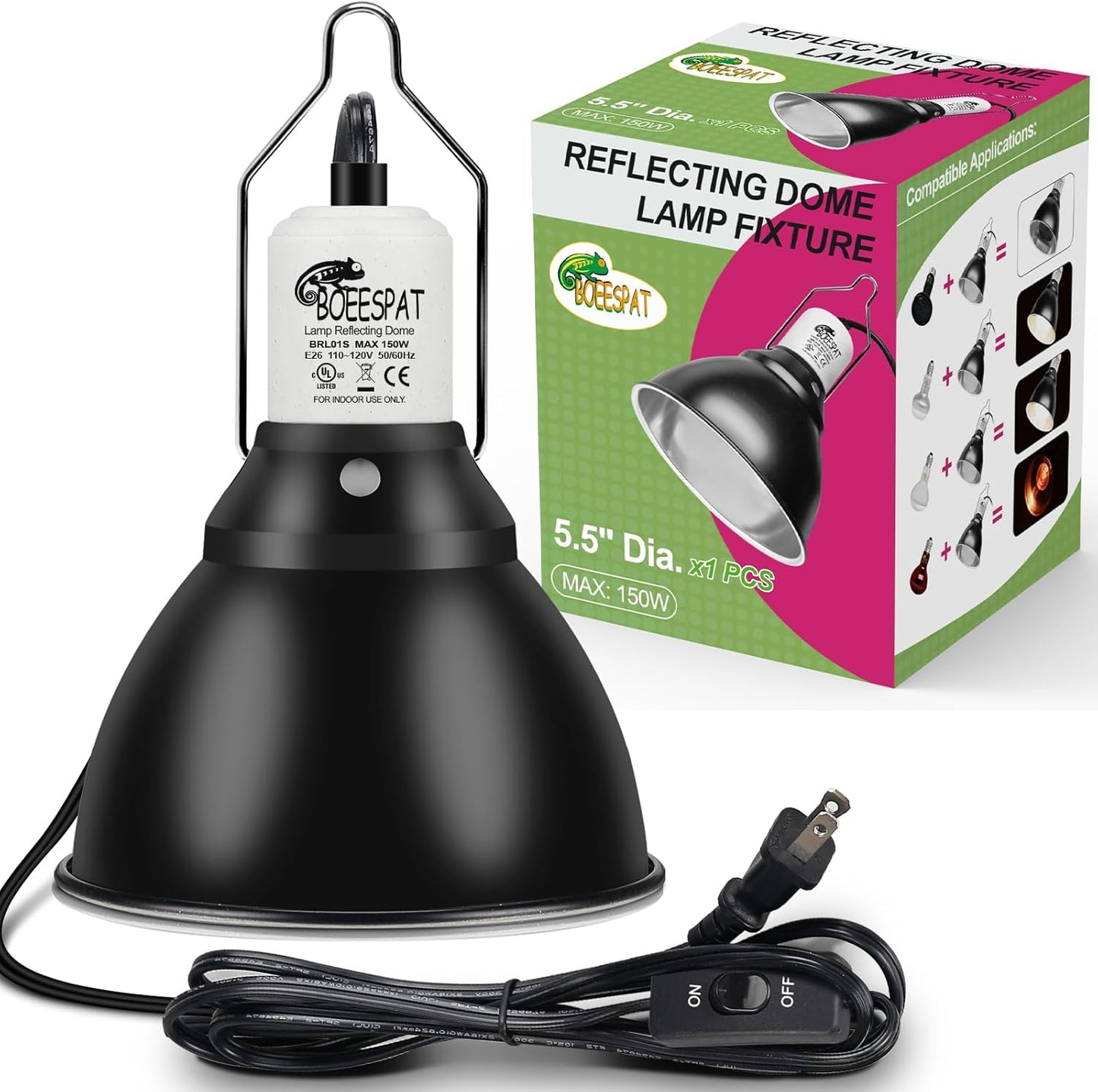 BOEESPAT reptile lamp bulb fixture front view highlighting the polished deep dome design.