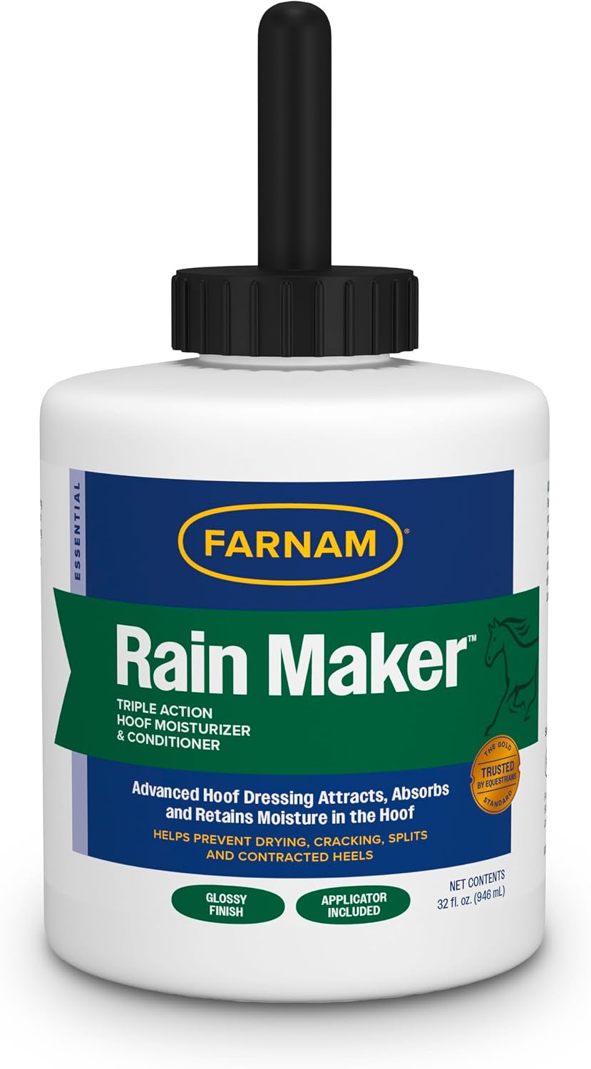 Farnam Rain Maker Triple Action Hoof Moisturizer front view showing the thirty two fluid ounce bottle with built-in brush applicator.