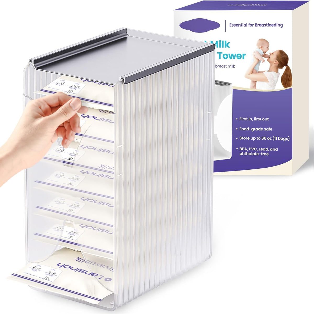 E1vee1 breastmilk storage tower front view for freezer organization